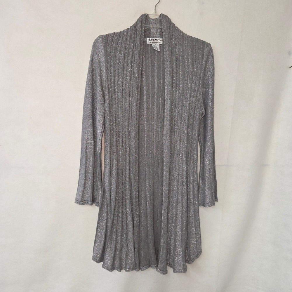 Lauren Michelle Duster Cardigan Womens‎ Medium Silver Metallic Ribbed Open Front